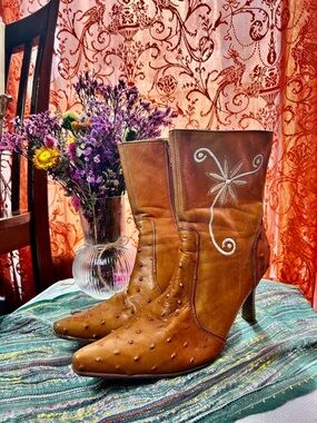 Tan Leather Embroidered Mid-Calf Heeled Boots